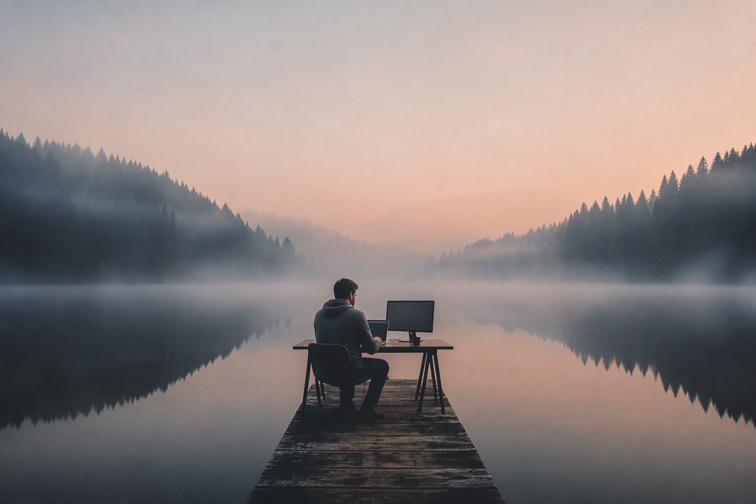Someone in a hoodie on a laptop at the end of a jetty, misty lake at dawn